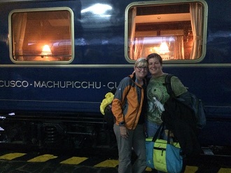 Christine & Linda with Hiram Bingham train, Machu Picchu